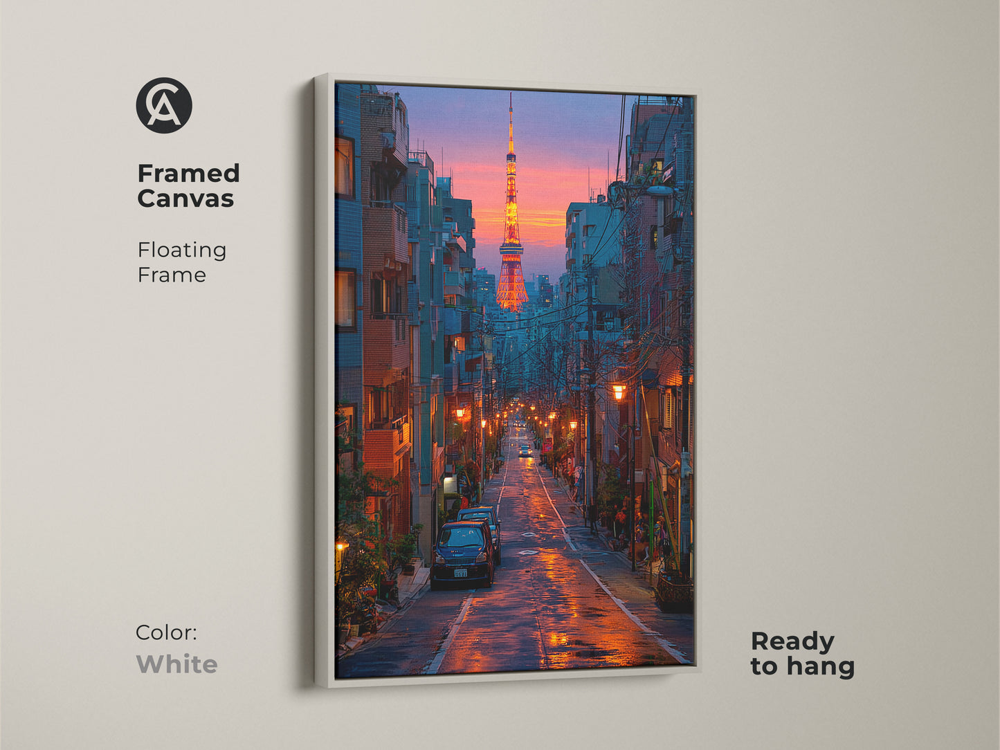 Framed canvas art print of the Tokyo cityscape with a white floating frame. The urban scene decor features deep blue and orange art perfect as a contemporary gift. This Tokyo Tower print is ready to hang. It adds a touch of Japanese architecture to any home great as a travel gift.