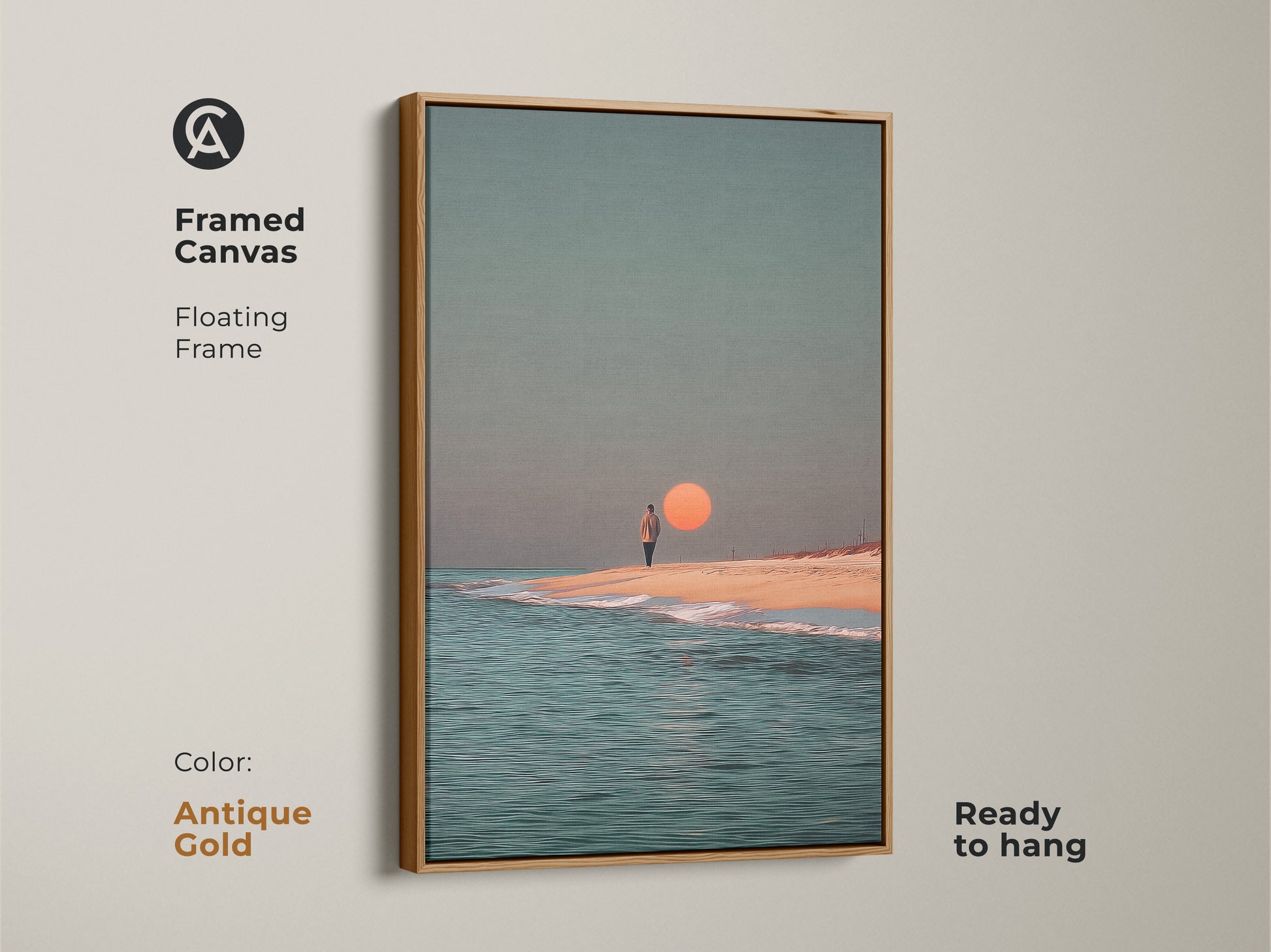 This framed canvas shows a minimalist sunset beach artwork in an antique gold floating frame. The coastal home decor piece features a person walking by the teal ocean. This surreal ocean canvas print is perfect for adding a touch of modern art to any room.