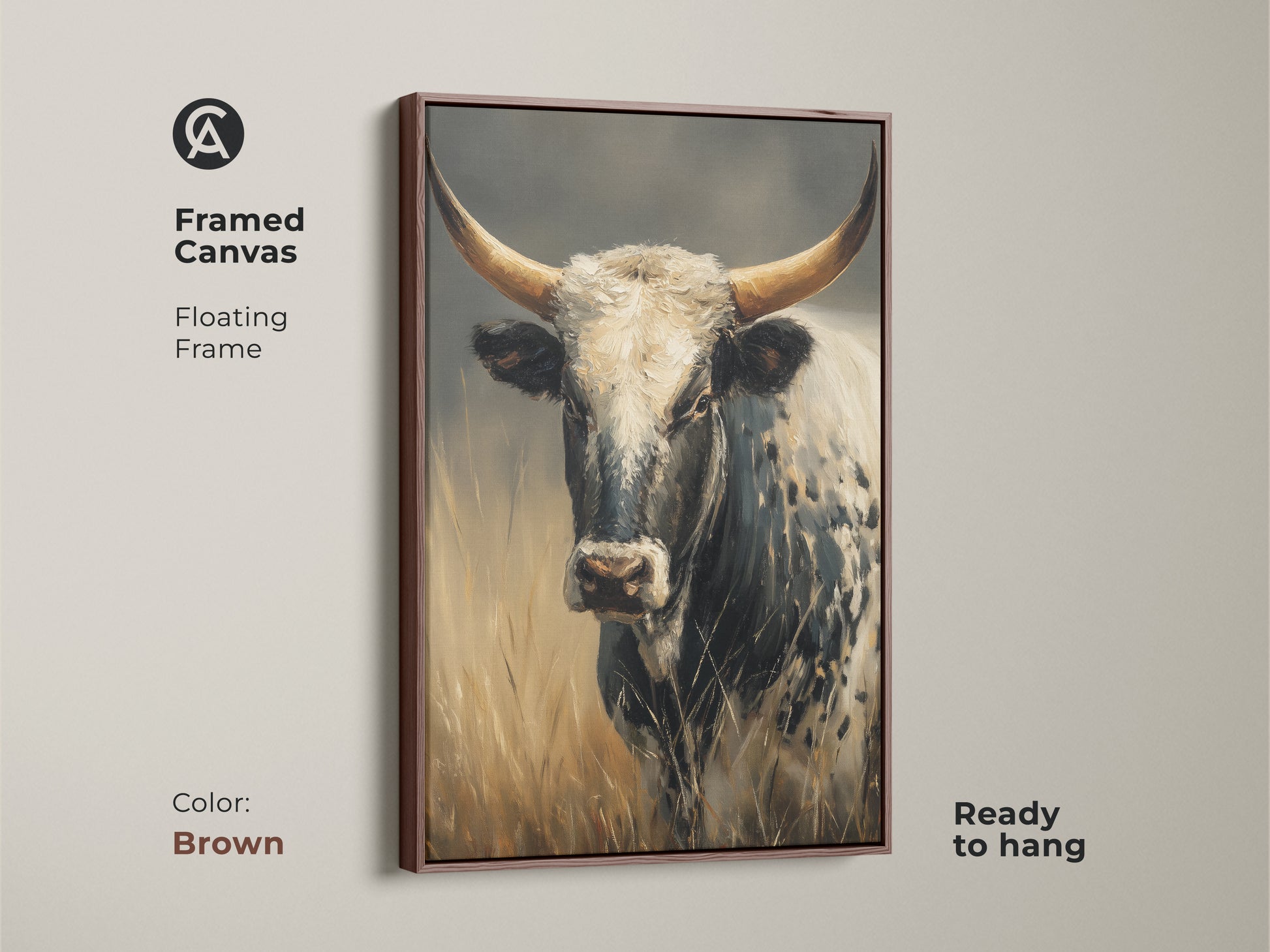 The Longhorn Cow canvas artwork in a brown floating frame. This rustic animal print is ready to hang. The brown frame complements the country kitchen wall art. Perfect for western home decor.
