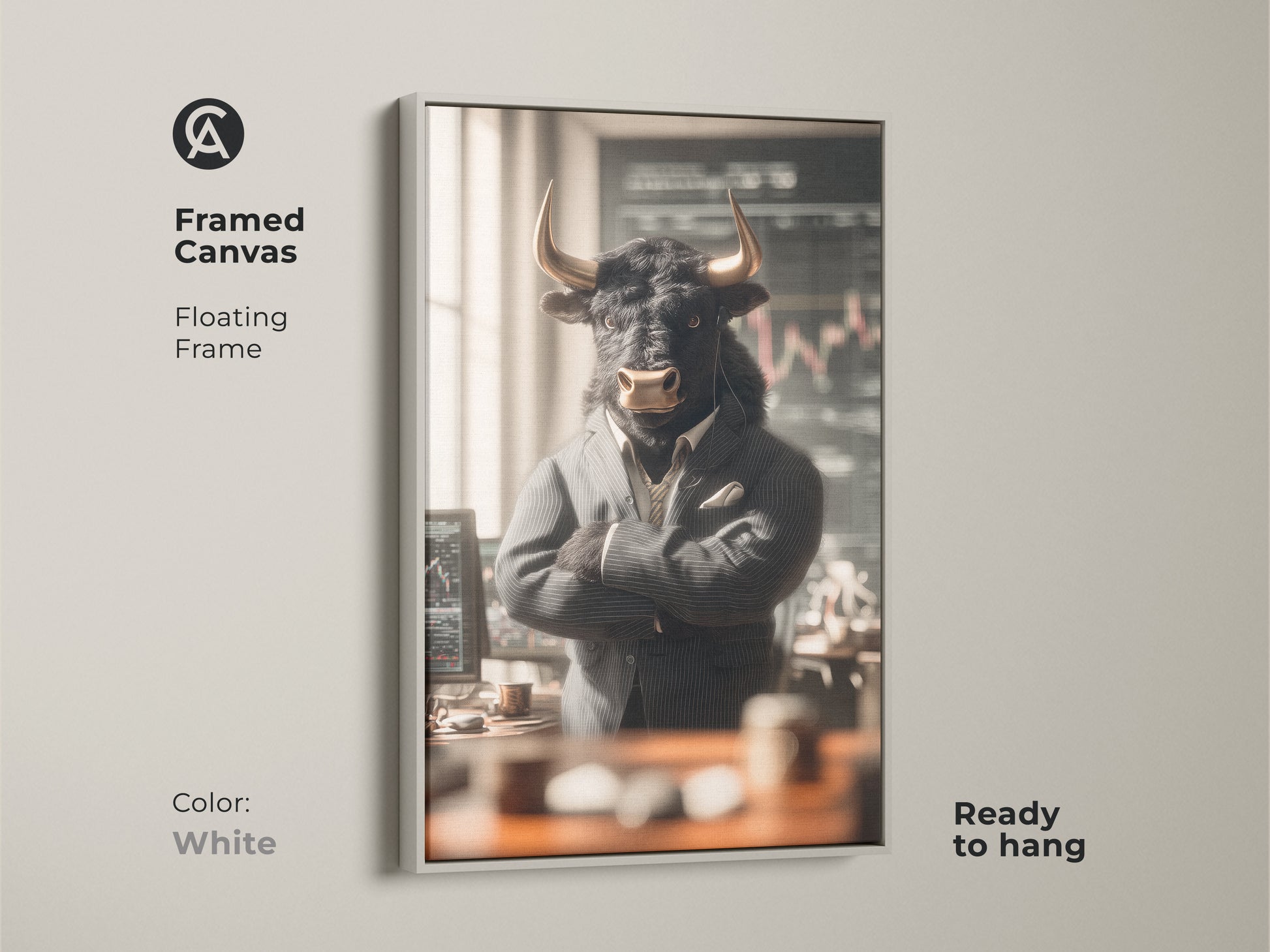 Framed canvas art of a bull in a suit with a white floating frame. The artwork features a bull in a business setting. This ready-to-hang piece offers a clean and modern aesthetic. The white frame provides a minimalist touch.