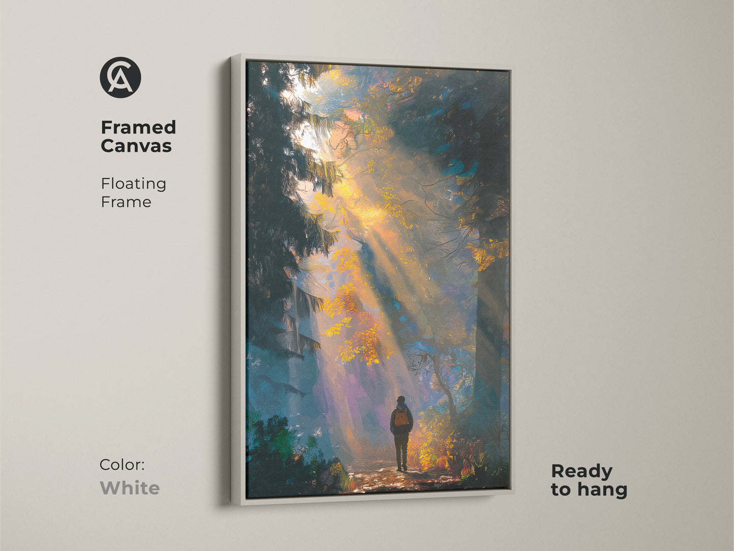 Framed canvas art with a white floating frame showcasing a hiker in a forest with sunlight. This ready-to-hang piece adds a clean modern touch. The white frame highlights the vibrant colors of the forest scene. Perfect wall art for any home or office space.