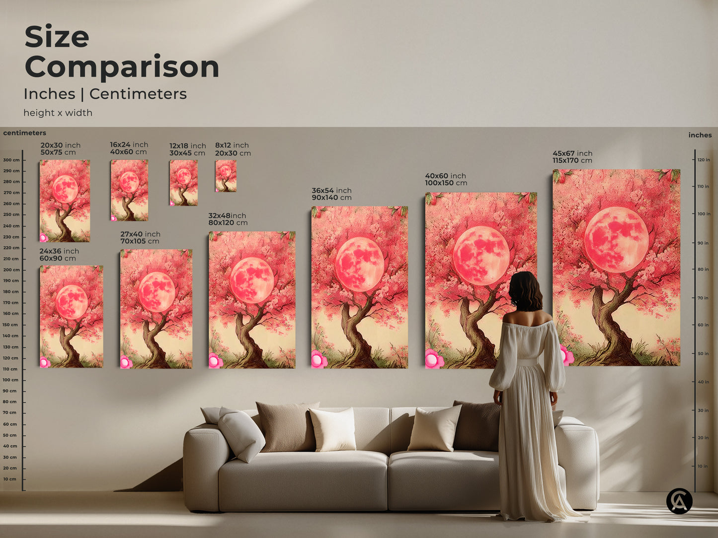 Size comparison of Pink Moon Tree art prints in inches and centimeters. This includes canvas and poster options. Visualize how each size fits in your living room setting to add a unique accent.