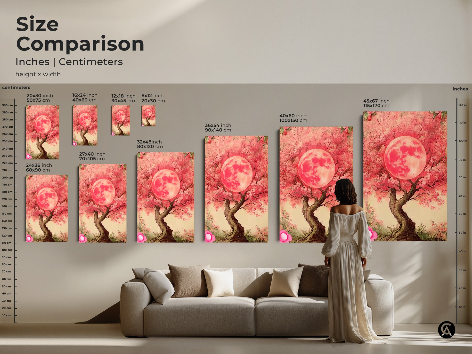 Size comparison of Pink Moon Tree art prints in inches and centimeters. This includes canvas and poster options. Visualize how each size fits in your living room setting to add a unique accent.