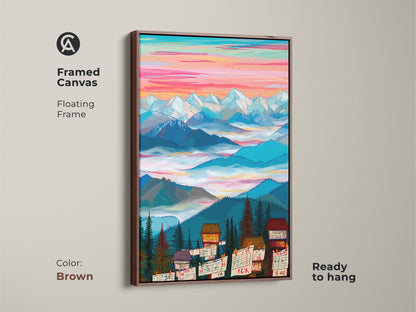 Framed canvas art print featuring a mountain cabin scene with a brown floating frame. This modern folk art piece is ready to hang. Its colorful sky and detailed landscape enhance any space.