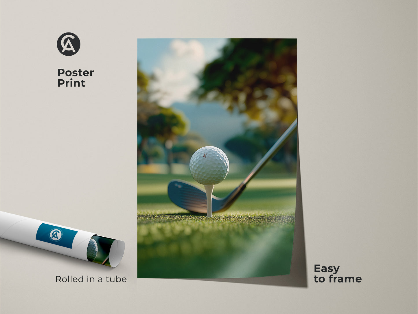 A golf art poster print rolled in a tube and easy to frame. The artwork shows a golf ball on a tee ready to be hit. The background is a green golf course with trees and a hill. This golf art poster print is perfect for your home or office.