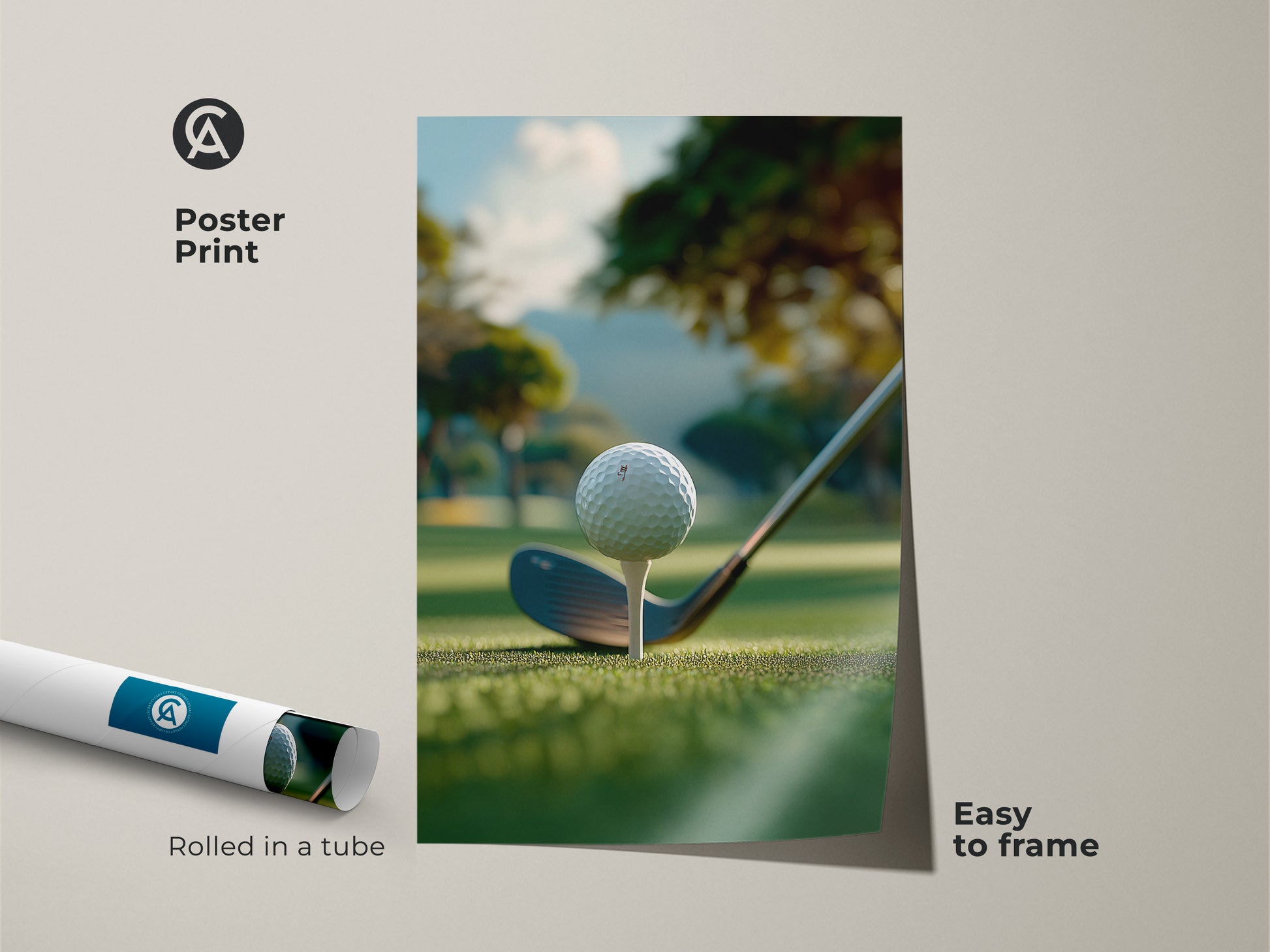 A golf art poster print rolled in a tube and easy to frame. The artwork shows a golf ball on a tee ready to be hit. The background is a green golf course with trees and a hill. This golf art poster print is perfect for your home or office.