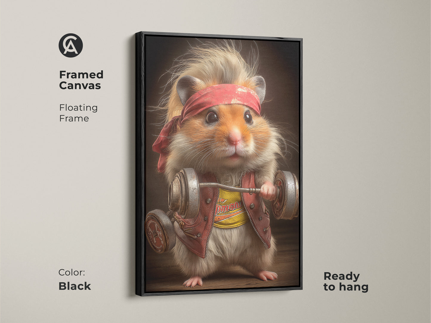 A framed canvas of a cute hamster lifting weights. The floating frame is in color black and ready to hang. This animal powerlifting print is perfect as home gym wall art. This print is a great way to add personality to your man cave. Get yours today!