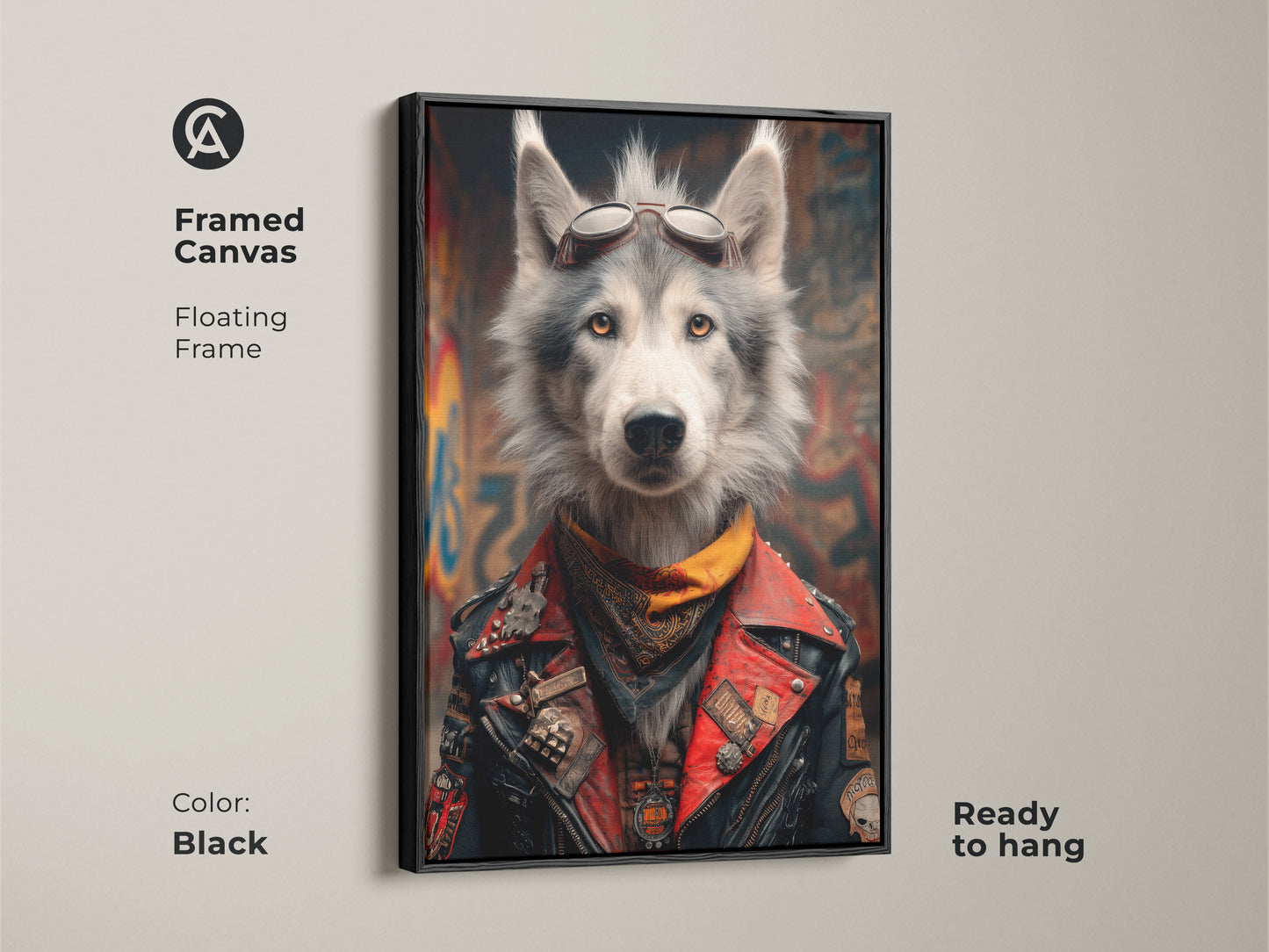 Elevate your decor with this framed canvas featuring a Biker Wolf. The black floating frame enhances the artwork. This red and grey motorcycle art is ready to hang. Showcasing a wolf in aviator goggles and jacket this piece is perfect for man caves. It is an ideal biker gift