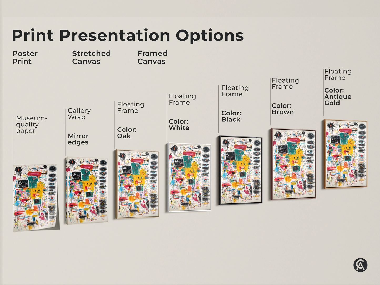 Explore print presentation options for this abstract artwork. Choose from a poster print stretched canvas or framed canvas. Select a floating frame in various colors like white black brown or antique gold.
