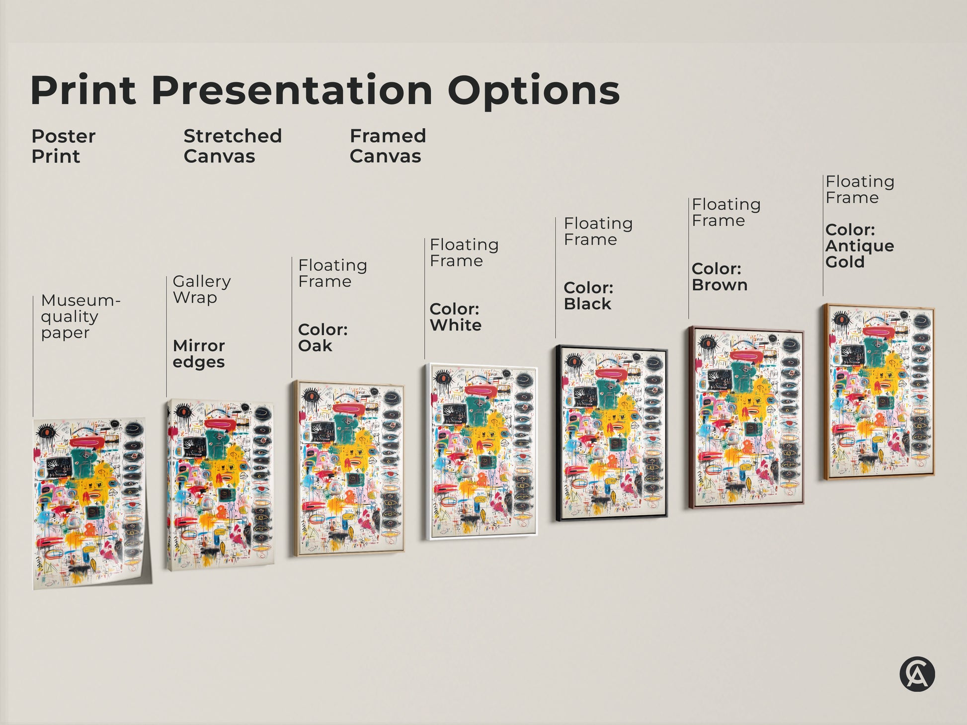 Explore print presentation options for this abstract artwork. Choose from a poster print stretched canvas or framed canvas. Select a floating frame in various colors like white black brown or antique gold.