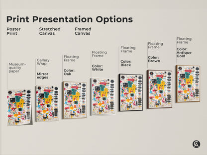 Explore print presentation options for this abstract artwork. Choose from a poster print stretched canvas or framed canvas. Select a floating frame in various colors like white black brown or antique gold.