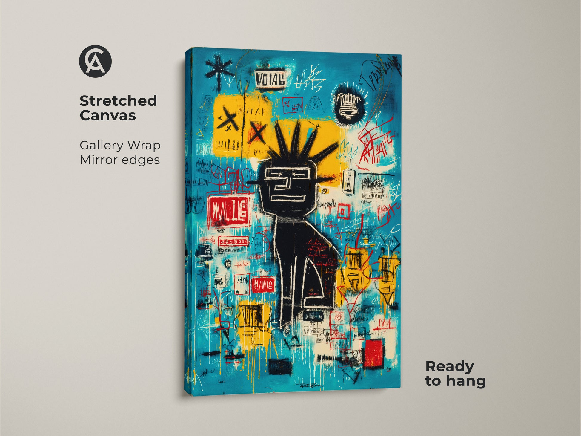 Stretched canvas print featuring Basquiat-style graffiti art. This bold art is gallery-wrapped with mirrored edges. Ready to hang this canvas adds an artistic touch to any room. Shop now for modern art.
