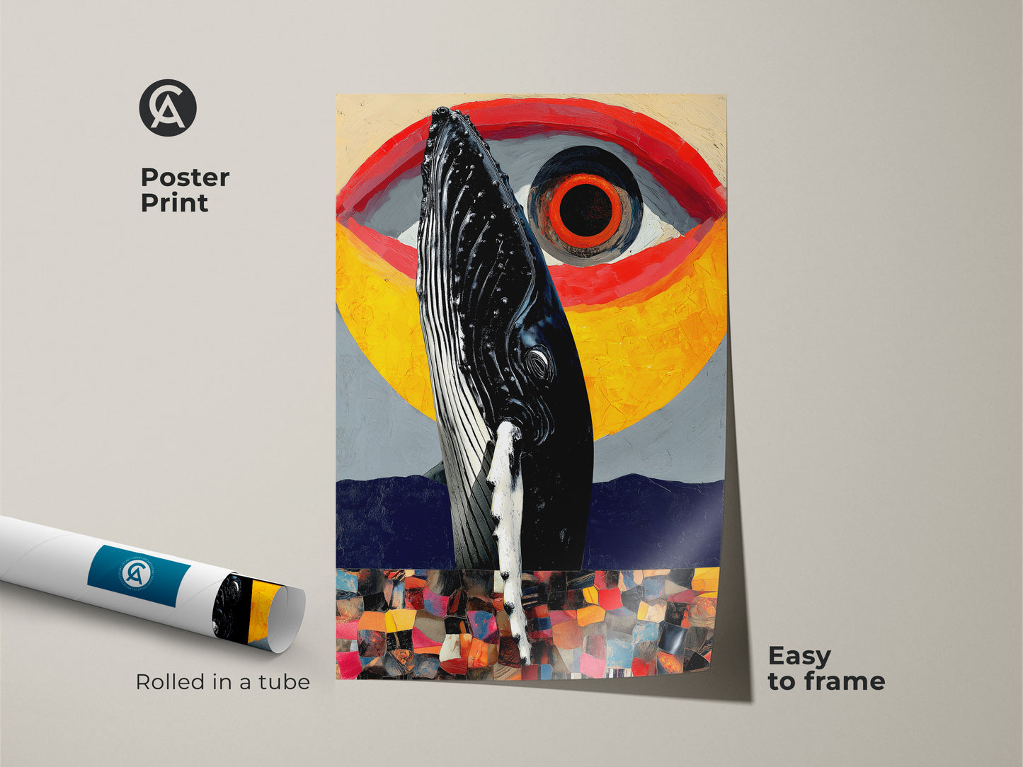 Poster print of an abstract whale collage wall art piece. This surreal animal print is easy to frame. Rolled in a tube it makes a unique collage art gift. The yellow red and gray hues create a bold color abstract canvas bringing marine life inspired art to your living room.
