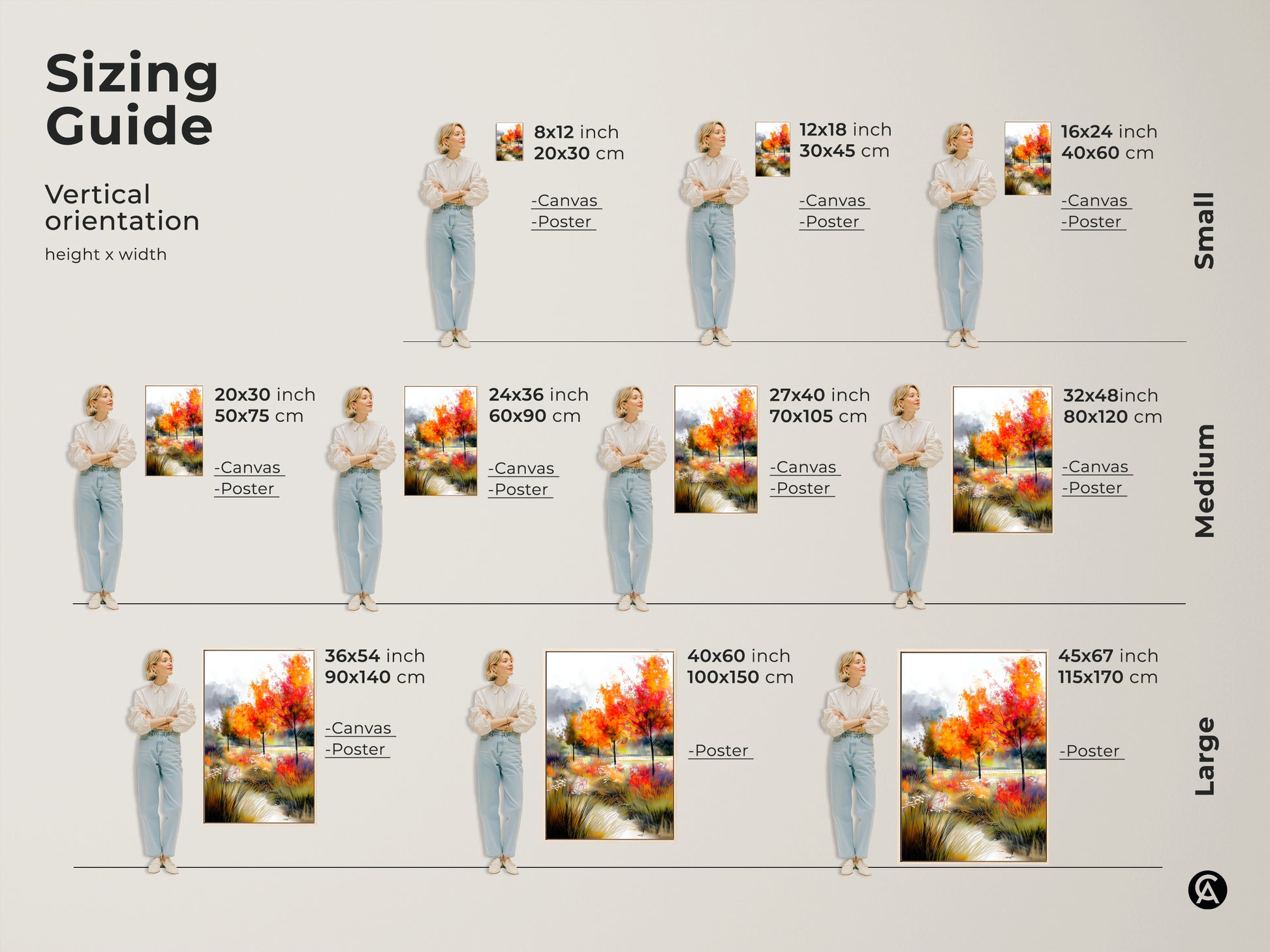 Sizing guide for vertical autumn tree art. See how canvas and poster prints look in various sizes. Options range from small to large. Find the perfect fit for your wall decor. Visualize art in your home.