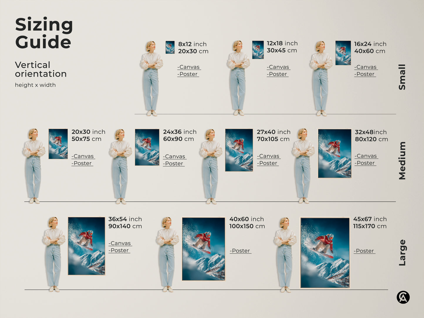 Sizing guide for vertical snowboarder artwork. See how canvas and poster prints look in sizes from small to large. Visualize the art in 8x12 to 45x67 inches. Find the perfect fit for your space.