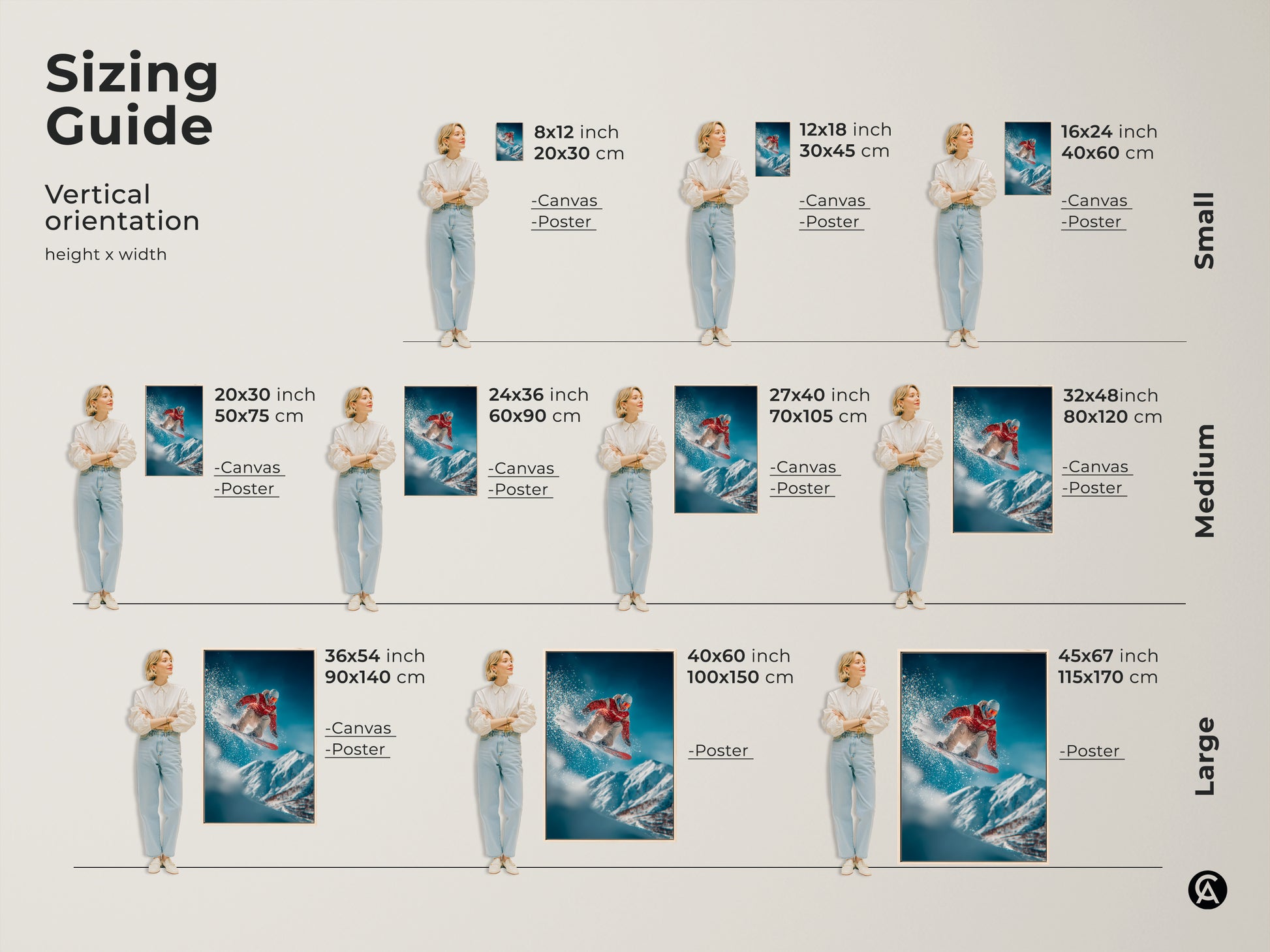 Sizing guide for vertical snowboarder artwork. See how canvas and poster prints look in sizes from small to large. Visualize the art in 8x12 to 45x67 inches. Find the perfect fit for your space.