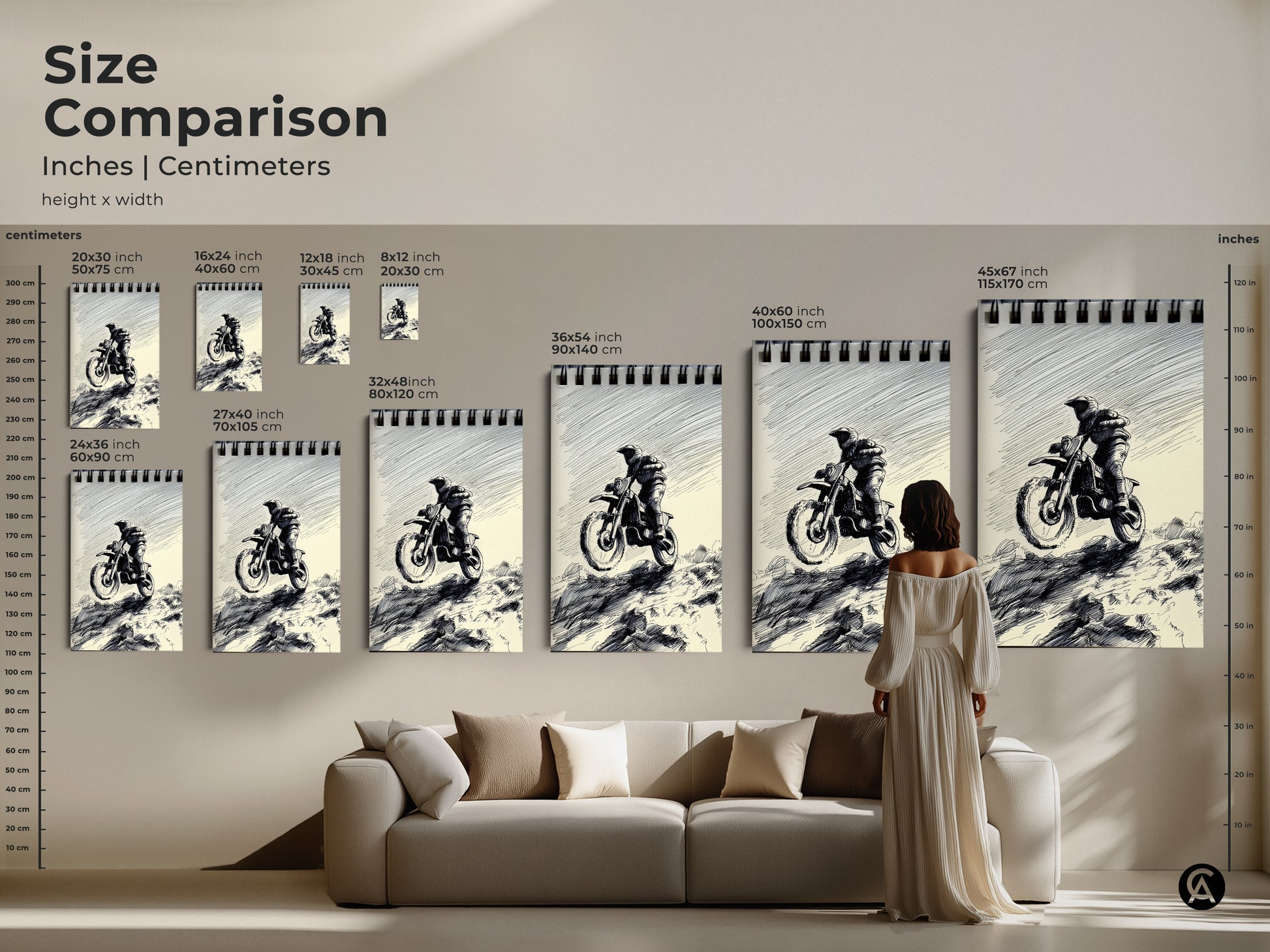 Compare sizes of the Motocross Rider sketch art print in inches and centimeters. See how the artwork scales from a small 20x30 cm print to a large 45x67 inch canvas. This black and white ink drawing is perfect for adding an industrial touch to living rooms or garages.