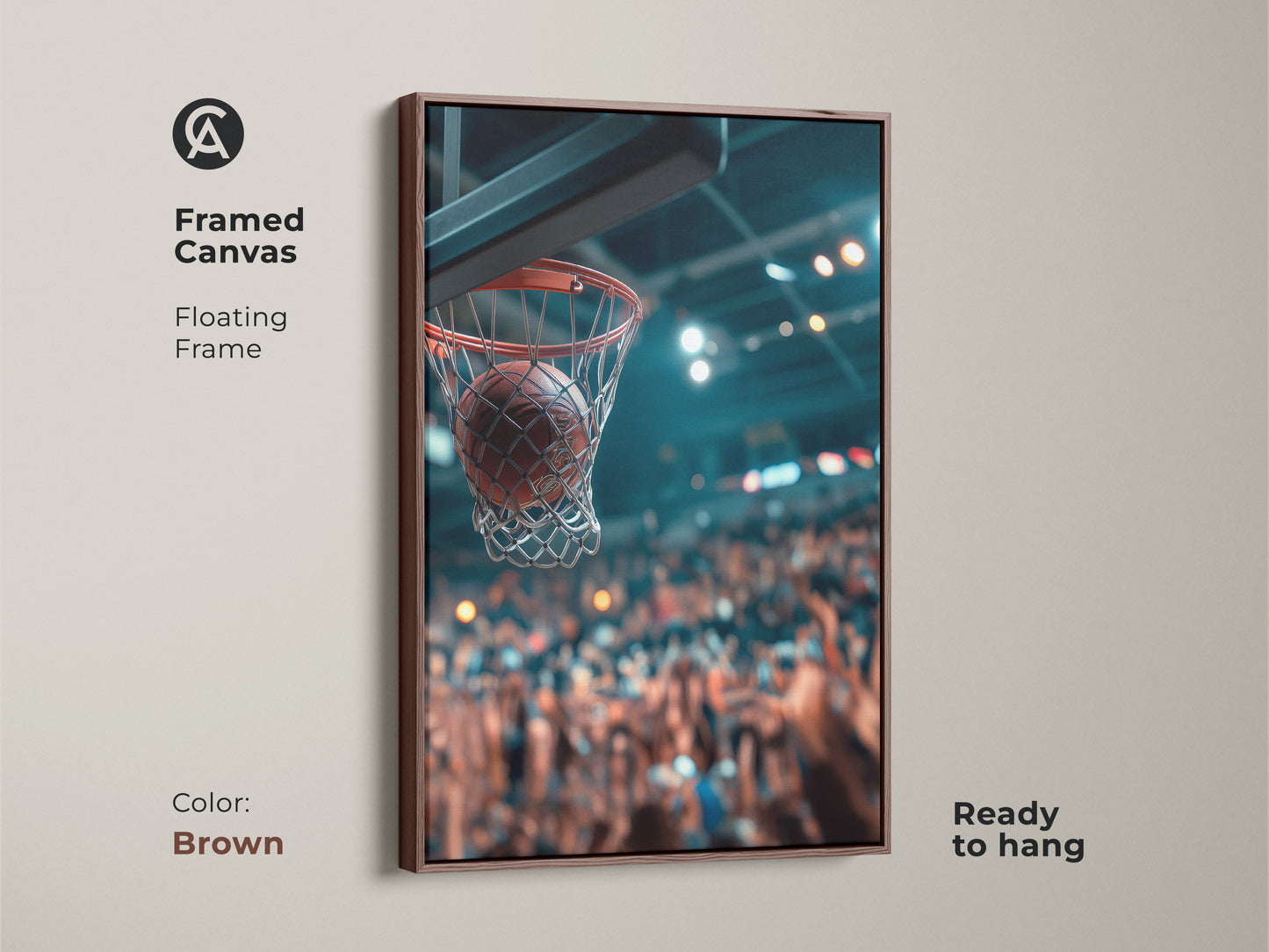 Framed canvas art featuring a basketball going through the net. The floating frame in brown complements the sports artwork. Ready to hang and enjoy. A stylish addition to any room for basketball enthusiasts.