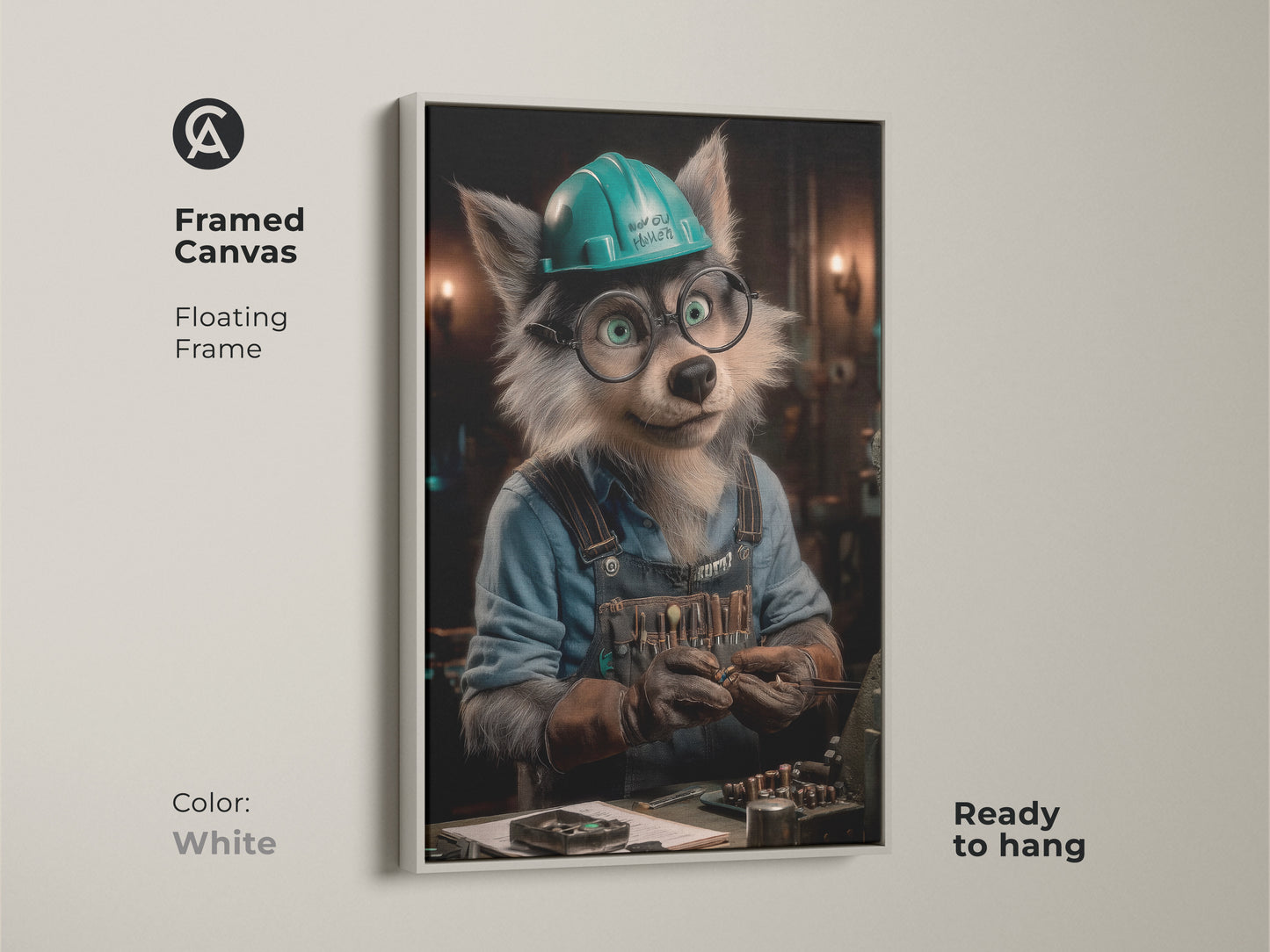 Print presentation options showcasing wolf mechanic art. See poster prints stretched canvas & framed canvas options. The wolf wears a teal hard hat in this museum-quality animal art. Perfect for unique office decor.