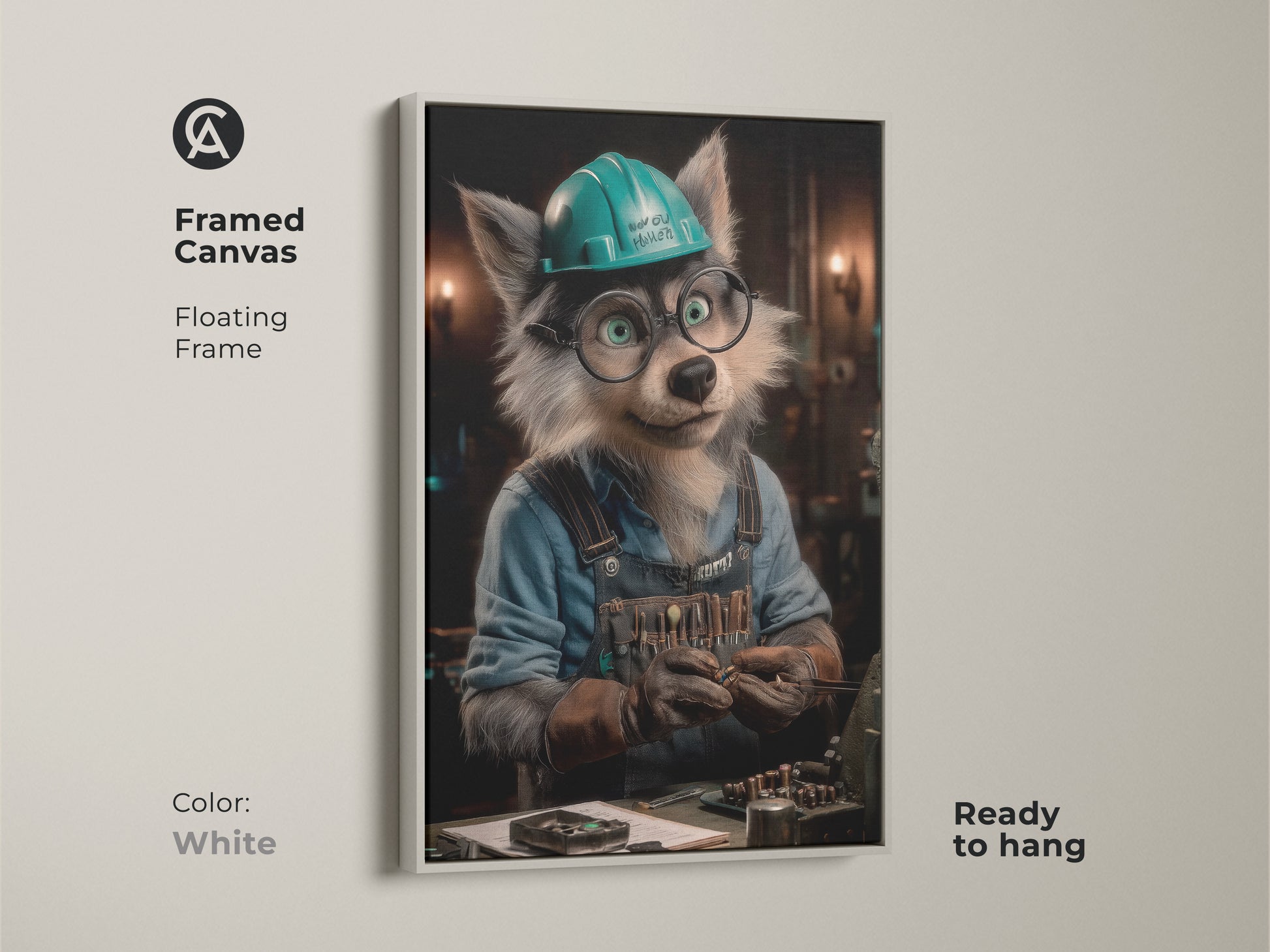 Print presentation options showcasing wolf mechanic art. See poster prints stretched canvas & framed canvas options. The wolf wears a teal hard hat in this museum-quality animal art. Perfect for unique office decor.