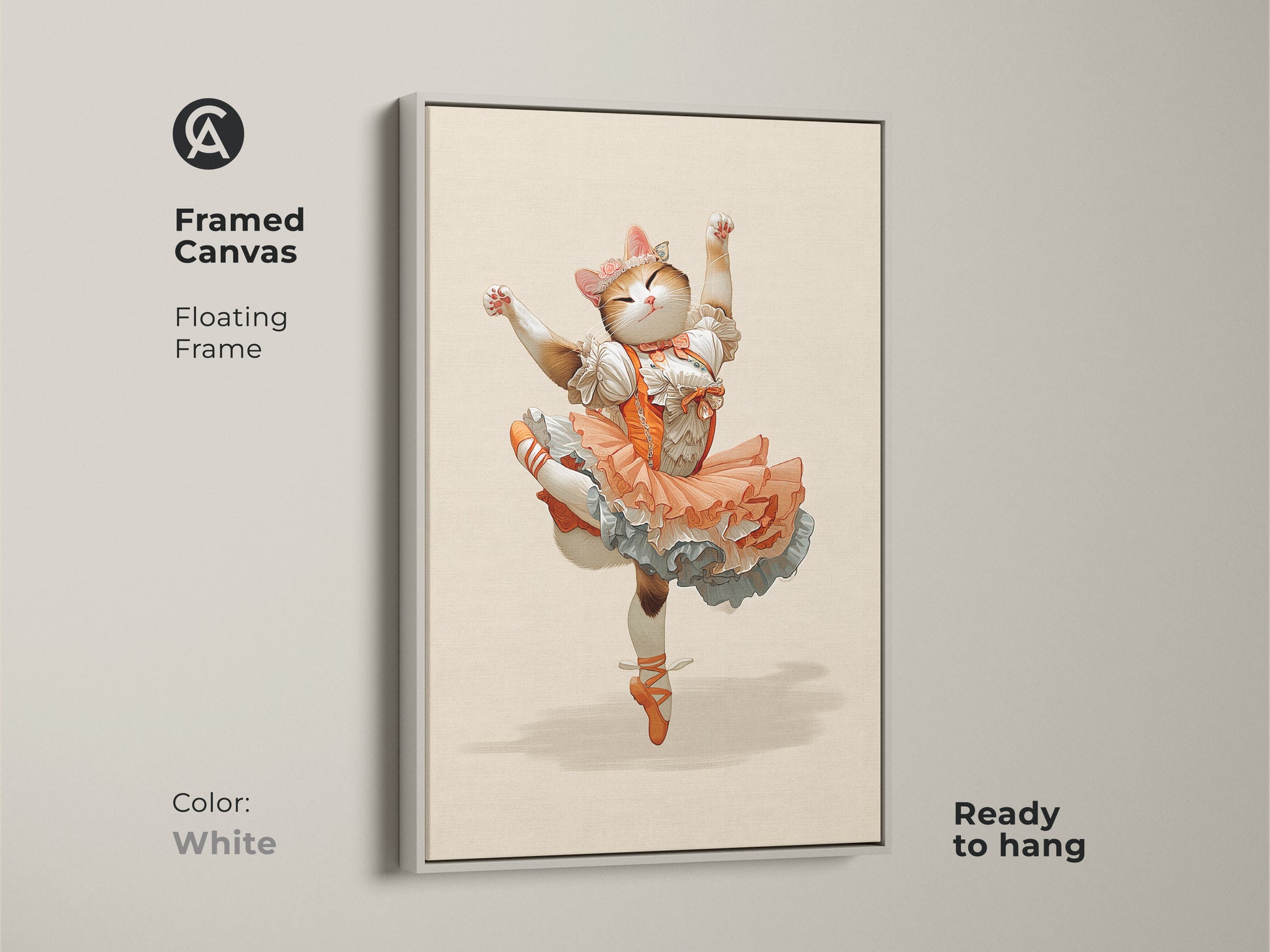 Framed canvas featuring an orange ballerina cat. The white floating frame highlights this whimsical fantasy cat art. The ballerina cat canvas print is a charming addition to any space. This animal ballet dancer print is ready to hang and is perfect as cute cat bedroom decor.