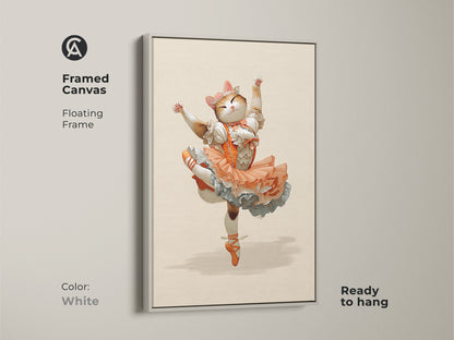 Framed canvas featuring an orange ballerina cat. The white floating frame highlights this whimsical fantasy cat art. The ballerina cat canvas print is a charming addition to any space. This animal ballet dancer print is ready to hang and is perfect as cute cat bedroom decor.