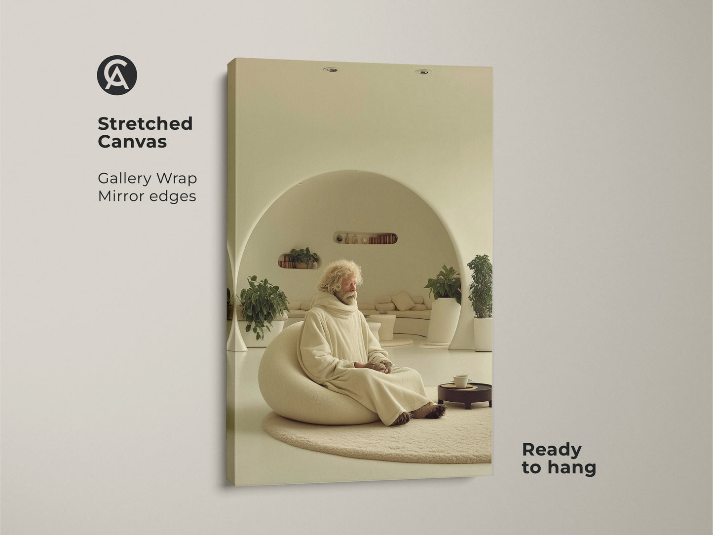 Stretched canvas shows an elderly man meditating in a minimalist beige room. This gallery-wrapped zen figure wall art has mirror edges and is ready to hang. This cream abstract art is a calming housewarming gift idea. It represents the Wabi Sabi aesthetic. This restful home decor helps create a bedroom sanctuary art space