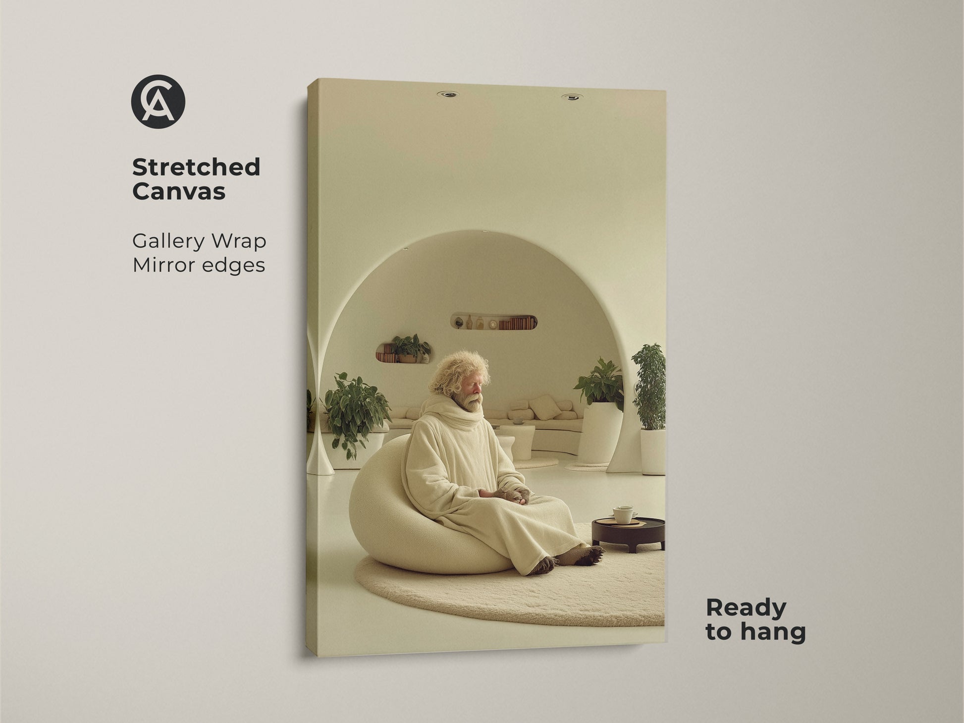 Stretched canvas shows an elderly man meditating in a minimalist beige room. This gallery-wrapped zen figure wall art has mirror edges and is ready to hang. This cream abstract art is a calming housewarming gift idea. It represents the Wabi Sabi aesthetic. This restful home decor helps create a bedroom sanctuary art space