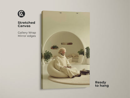 Stretched canvas shows an elderly man meditating in a minimalist beige room. This gallery-wrapped zen figure wall art has mirror edges and is ready to hang. This cream abstract art is a calming housewarming gift idea. It represents the Wabi Sabi aesthetic. This restful home decor helps create a bedroom sanctuary art space
