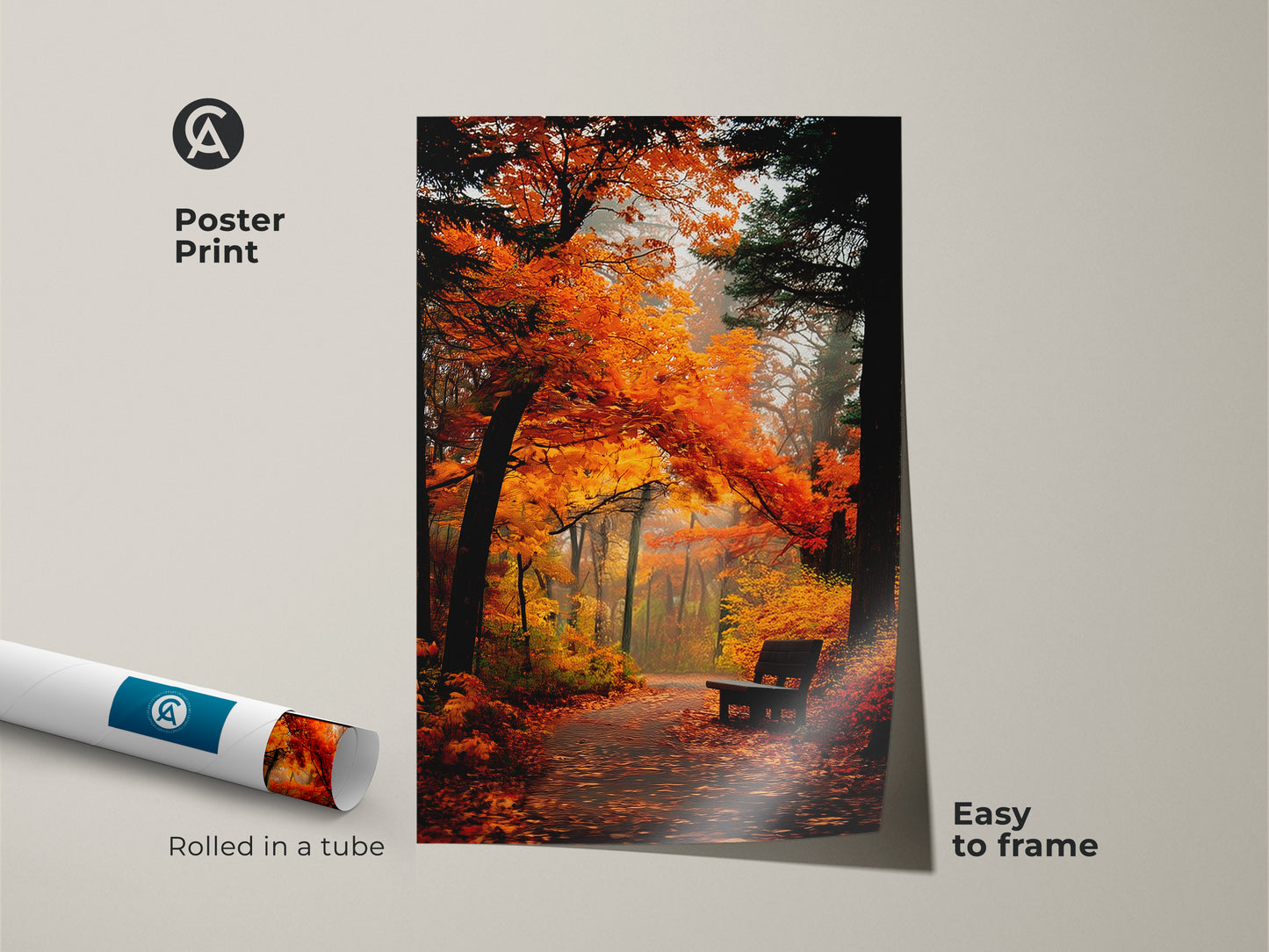 Transform your space with this vibrant autumn park scene. This poster print captures the essence of fall with orange trees and a tranquil bench. Rolled in a tube it's easy to frame and display. Perfect for adding a touch of nature-inspired art to your walls.