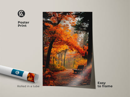 Transform your space with this vibrant autumn park scene. This poster print captures the essence of fall with orange trees and a tranquil bench. Rolled in a tube it's easy to frame and display. Perfect for adding a touch of nature-inspired art to your walls.
