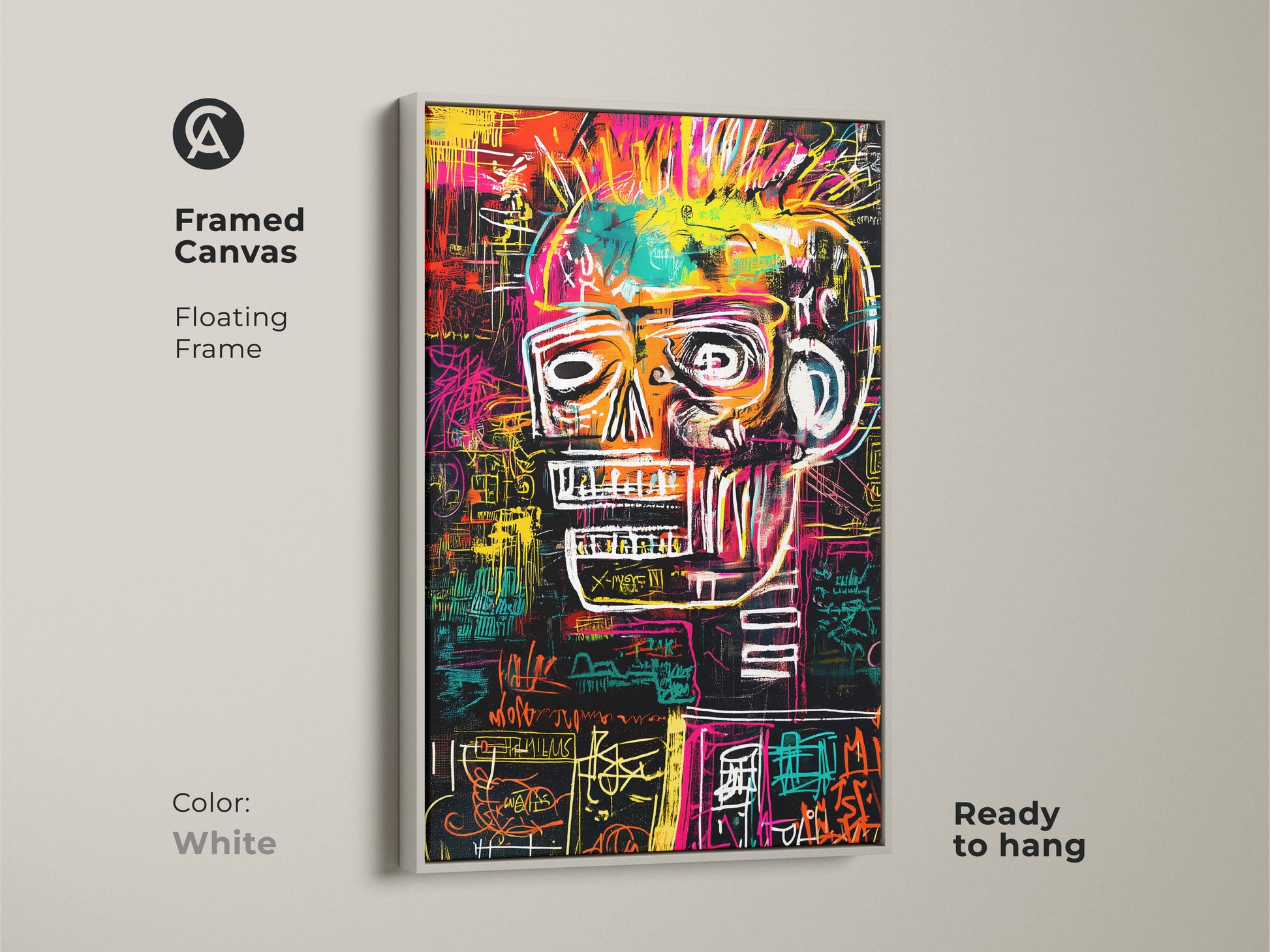 Framed canvas showcasing a skull artwork with a white floating frame. This ready-to-hang piece adds a touch of modern art to your home. The white frame complements the artwork's vibrant colors and intricate details. It's a stylish and hassle-free decor choice.