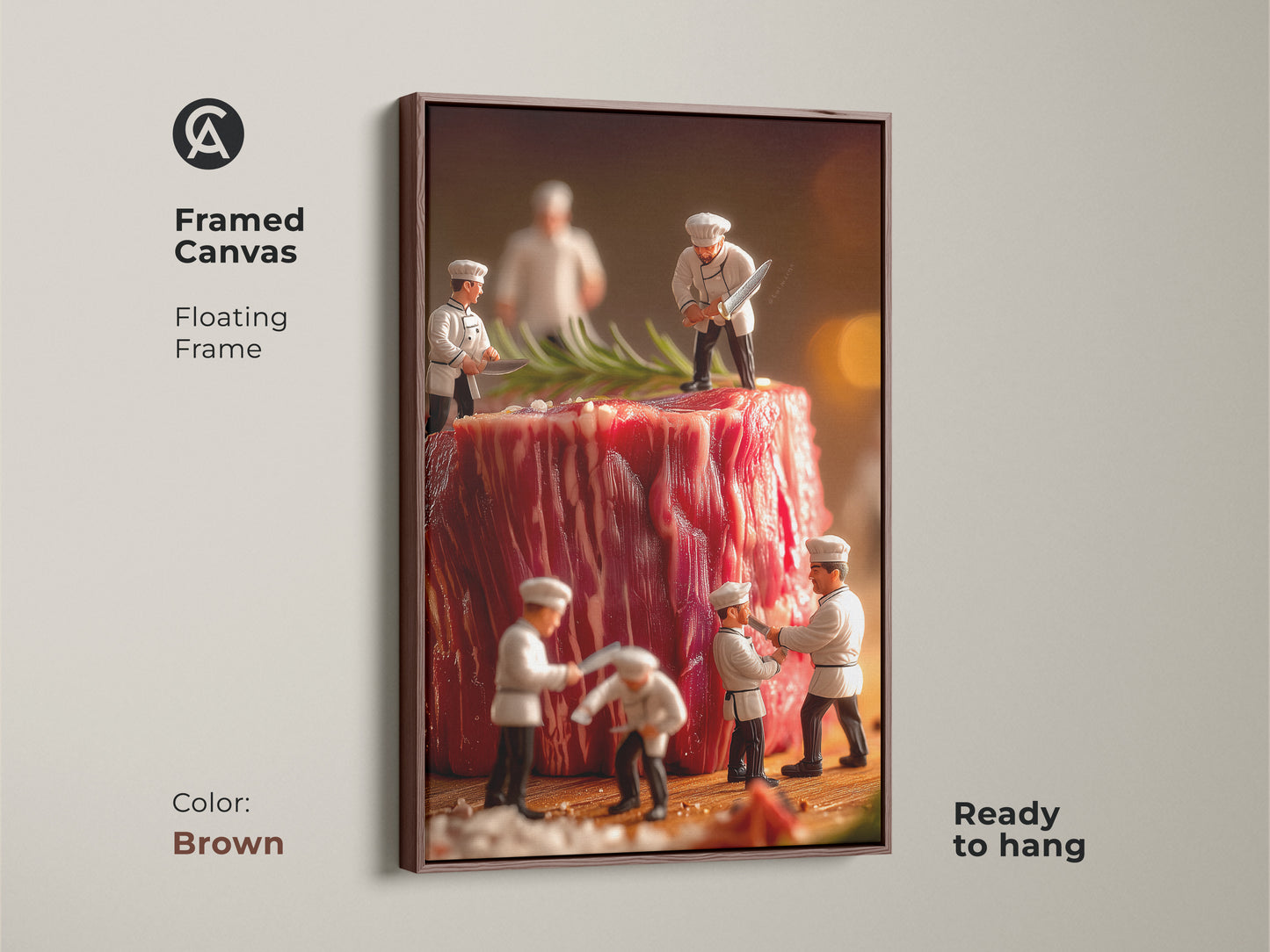 Brown framed canvas featuring a giant steak being prepared by tiny chefs. The floating frame enhances this unique art print. Ready to hang this food-inspired art piece will add a whimsical touch to your kitchen or dining room.