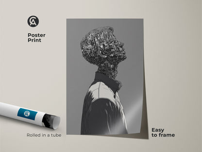 Poster print of a cyborg man looking upward. The artwork is rolled in a tube for protection. It is easy to frame this museum-quality art. The art print will add a unique touch to your space.
