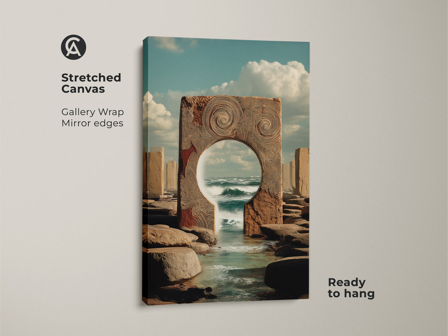 Stretched canvas gallery wrap of surreal ocean portal artwork. Ready to hang conceptual landscape wall art. Eclectic blue tan teal decor adds a unique touch to your home.