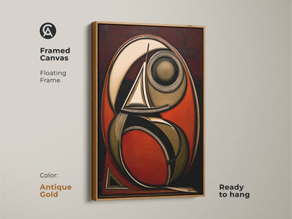 Framed canvas with floating frame showcasing geometric sailboat art. The antique gold frame complements the rust red dark brown and gold tones of this nautical abstract wall art. Perfect for office decor or eclectic home art.