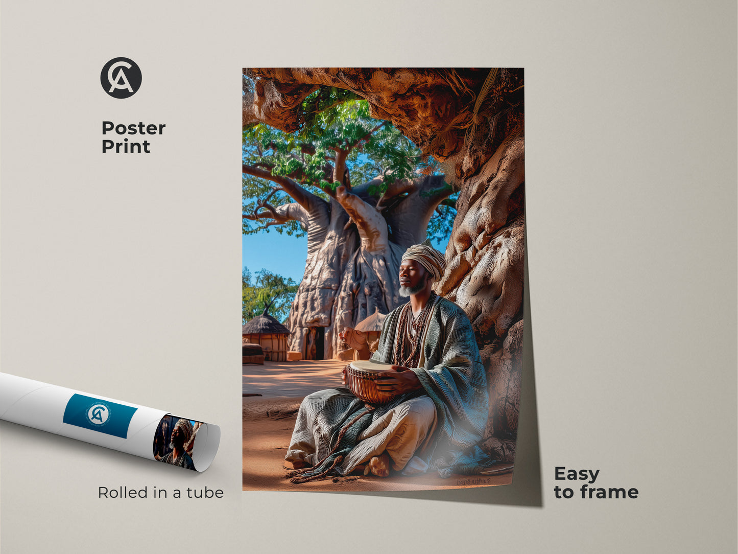 Poster print of an African man drumming under a baobab tree. Easy to frame cultural wall art rolled in a tube. This boho print with earth tones adds a global culture artwork touch to your home. Ideal as travel destination art or a rustic wall art print.