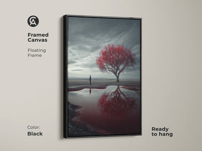 Framed canvas art featuring a surreal desert landscape with a vibrant red tree. The floating frame in black enhances the moody contemporary art. Ready to hang this piece blends nature and human introspection. It is a perfect addition to living rooms or bedrooms.