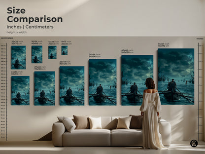 Size comparison of nautical art prints featuring a man rowing a boat. Various sizes available in inches and centimeters. Perfect for adding a classic ocean scene to your living room. Enhance your traditional home decor with this maritime canvas print.