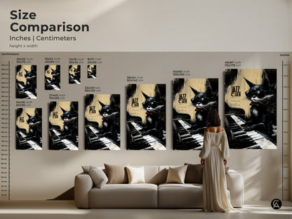 Size comparison for jazz cat artwork. See the art in different dimensions. The artwork is displayed above a sofa for scale. Choose the perfect size to complement your living room decor. Enjoy this unique art.
