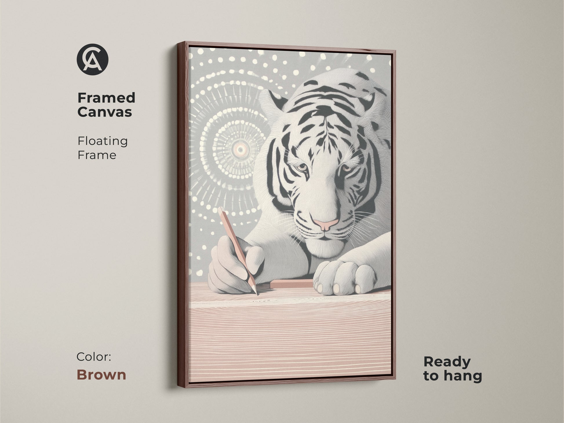 Framed canvas presenting the minimalist white tiger artwork. A brown floating frame enhances the abstract line art print. It is a modern animal wall decor perfect for gifting to artists. Adds sophistication to any study room or home office. Ready to hang.