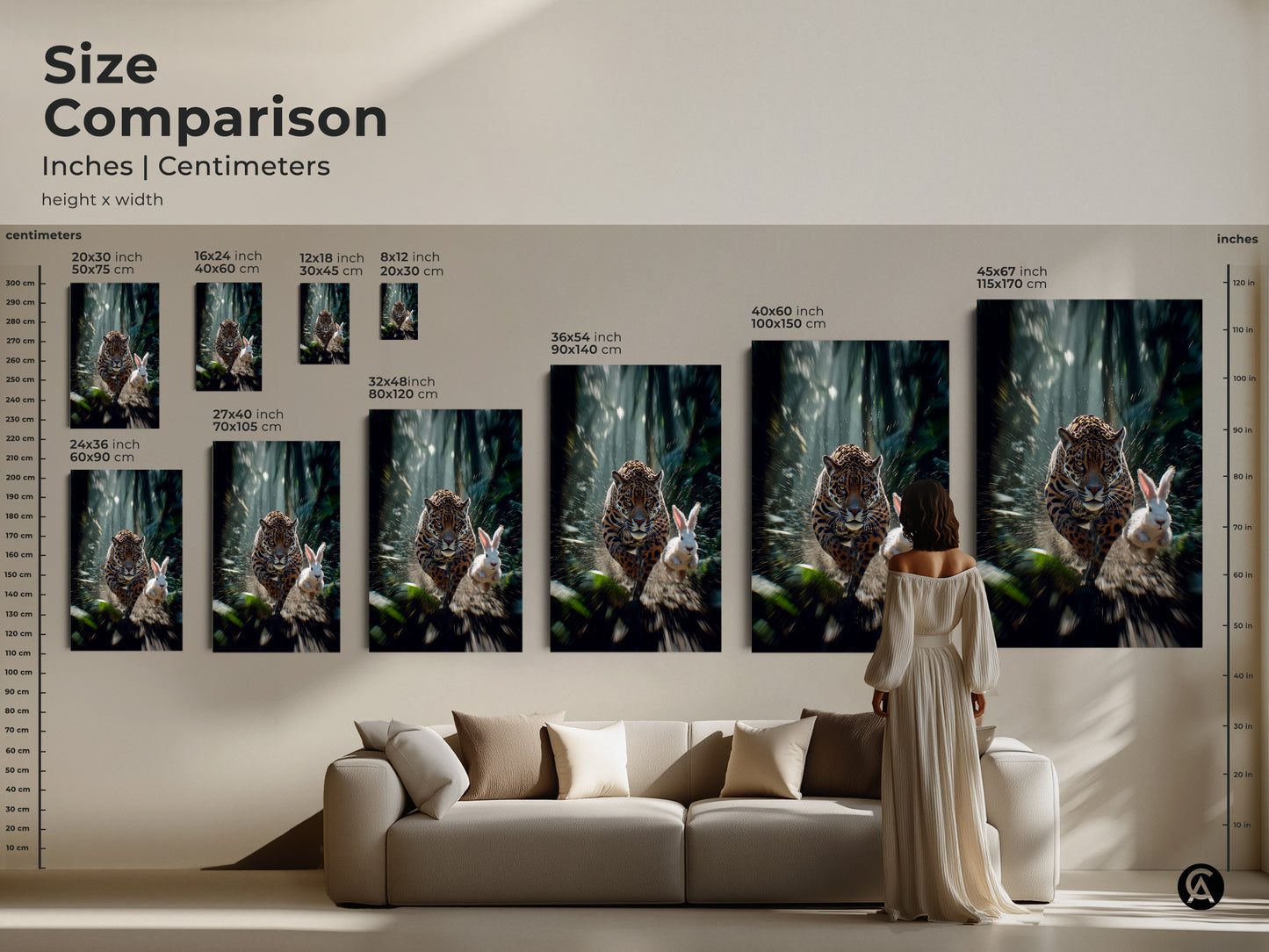 Compare sizes of this captivating jaguar and rabbit artwork. Visualize how each size transforms your space. This contemporary wildlife decor adds a dramatic touch. The motion blur effect brings the jungle chase scene print to life. Perfect as bedroom animal artwork or a unique gift for animal lovers.