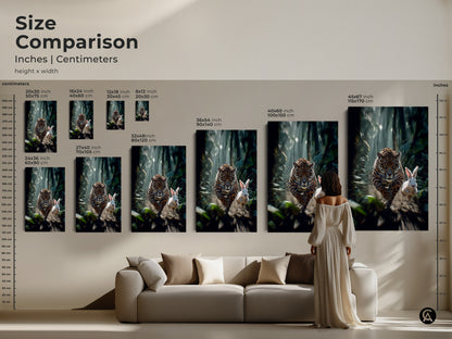 Compare sizes of this captivating jaguar and rabbit artwork. Visualize how each size transforms your space. This contemporary wildlife decor adds a dramatic touch. The motion blur effect brings the jungle chase scene print to life. Perfect as bedroom animal artwork or a unique gift for animal lovers.
