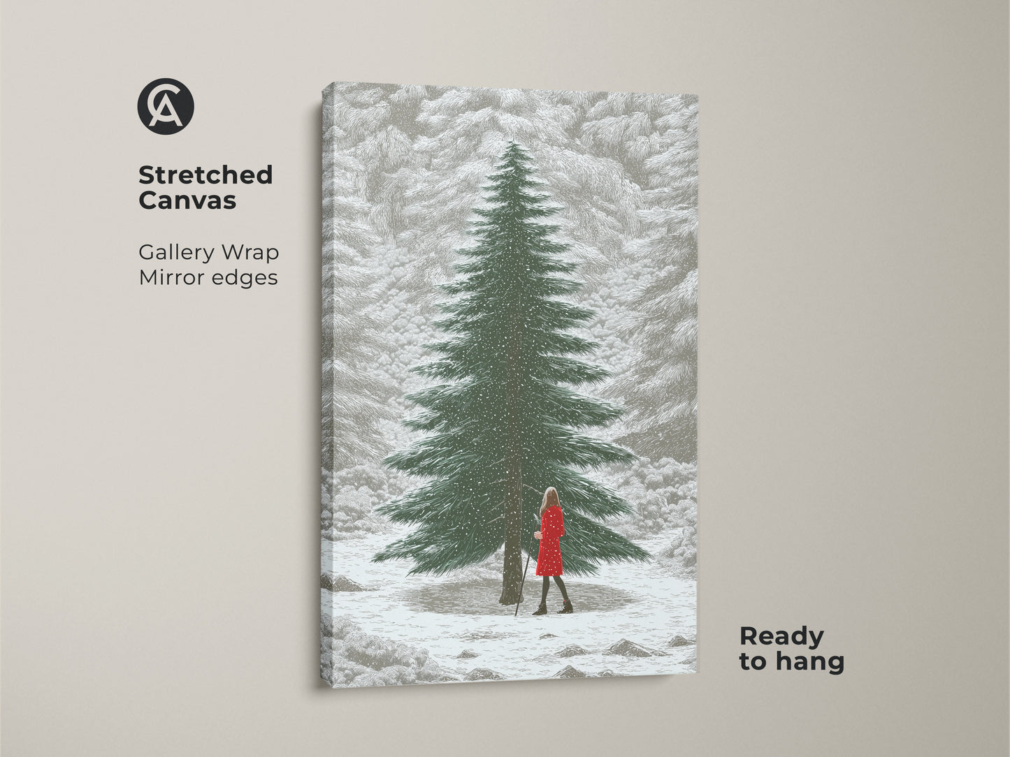 Stretched canvas of winter forest artwork showcasing a woman in red. This snowy landscape print is gallery-wrapped with mirrored edges and ready to hang. Ideal Scandinavian minimalist art.