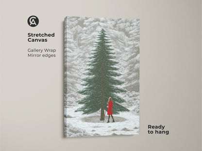 Stretched canvas of winter forest artwork showcasing a woman in red. This snowy landscape print is gallery-wrapped with mirrored edges and ready to hang. Ideal Scandinavian minimalist art.