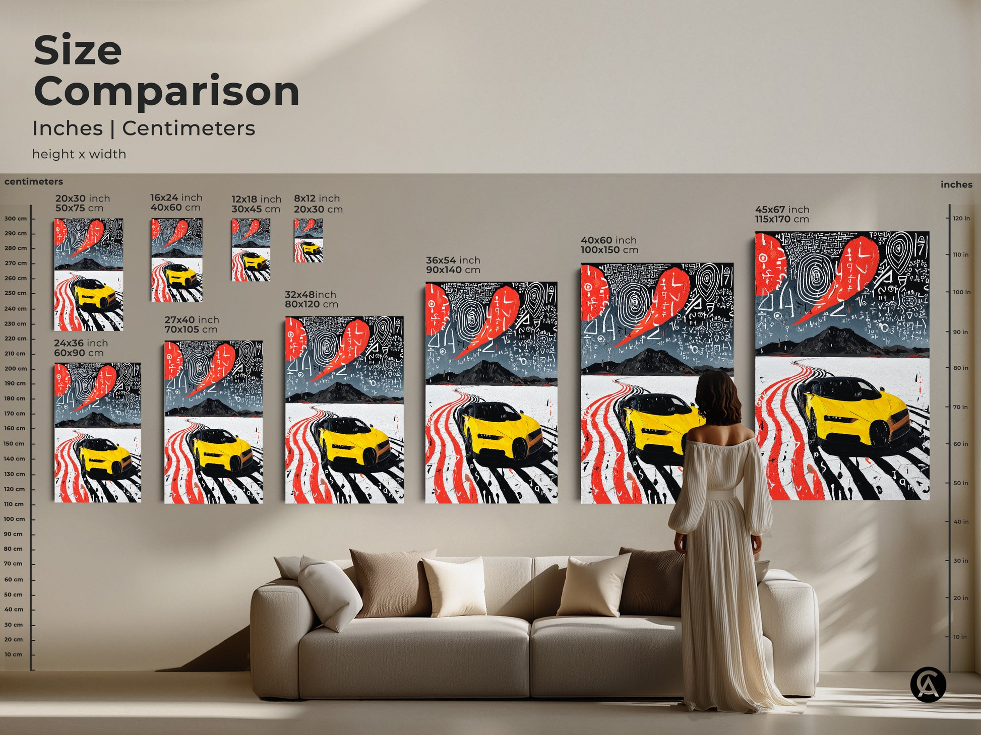 Compare sizes with our size comparison guide for this modern yellow sports car art. See how canvas and poster art scales in inches and centimeters. The contemporary office wall decor makes a statement. A unique gift for car enthusiasts. Each size option enhances the bold artwork.