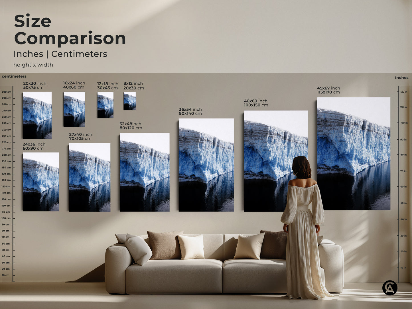 Size comparison of minimalist glacier wall art. Sizes range from small to large. See how this ice blue arctic landscape print fits above a couch. Modern home decor for travel enthusiasts.