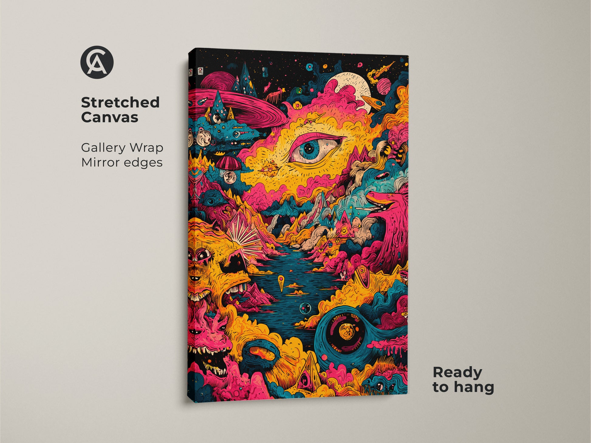 Stretched canvas print showcasing psychedelic artwork. The gallery wrap and mirrored edges provide a seamless look. This ready-to-hang piece features a surreal and colorful design. The print adds a modern and artistic touch to any interior space. It is perfect for art lovers.