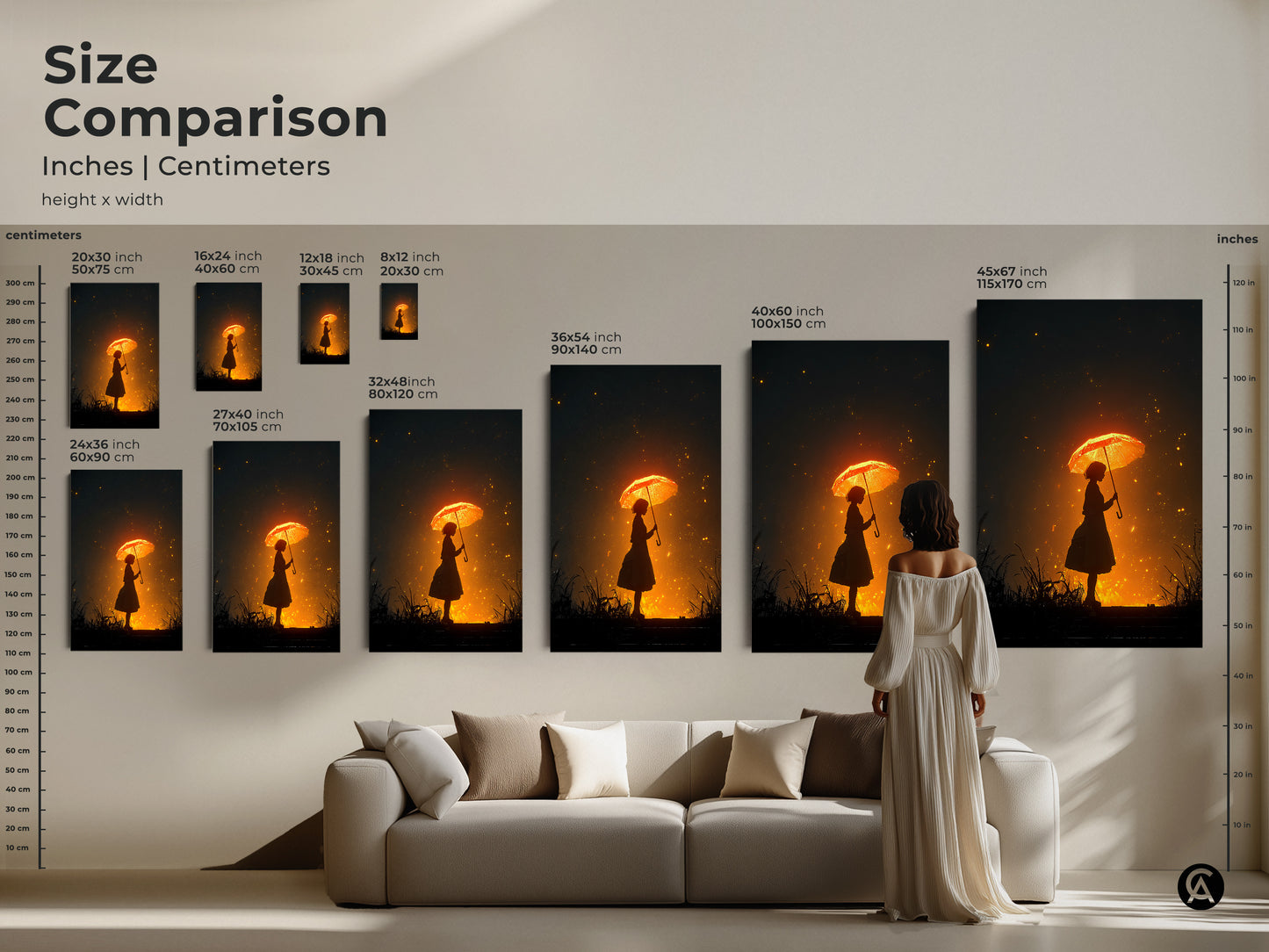 Size comparison of the girl with umbrella artwork in various dimensions. See how the art looks above a sofa. Available in multiple sizes. Choose the perfect scale for your living room. Golden glow canvas print.