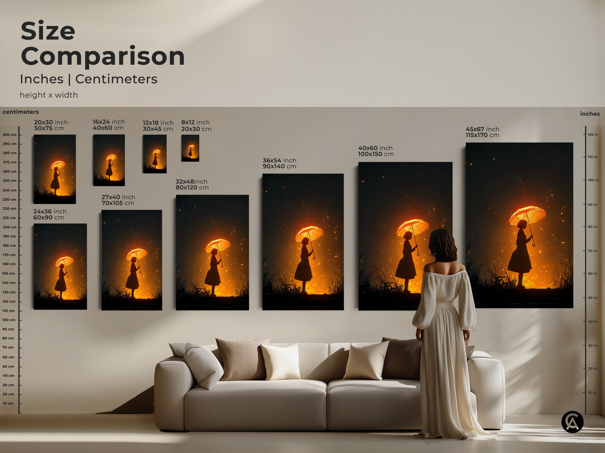 Size comparison of the girl with umbrella artwork in various dimensions. See how the art looks above a sofa. Available in multiple sizes. Choose the perfect scale for your living room. Golden glow canvas print.